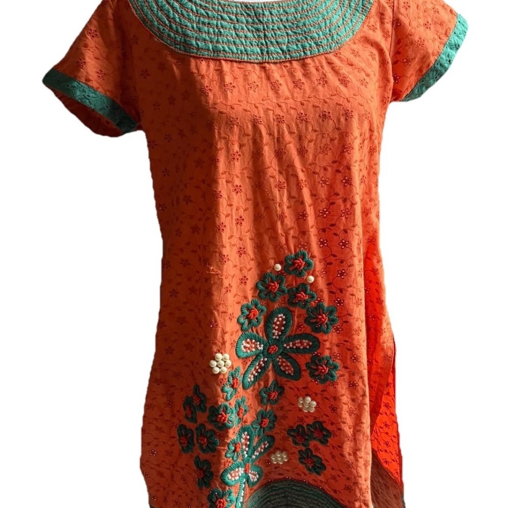 1950's Vintage Embroidered Dress - Orange Boho Mod Retro Bohemian Cotton